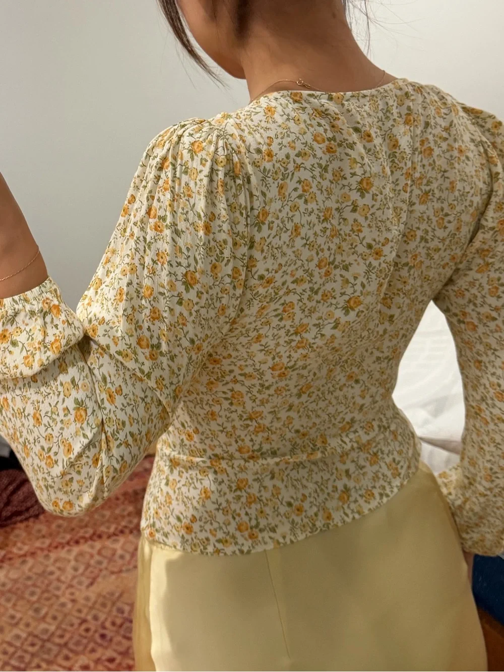 Reformation Yellow Floral Puff-Sleeve V-Neck Blouse